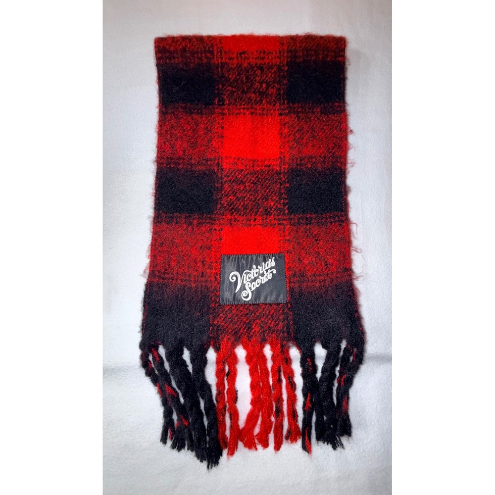 Victoria's Secret Scarf Womens One Size Red Black NWT Buffalo Plaid Fringe Logo